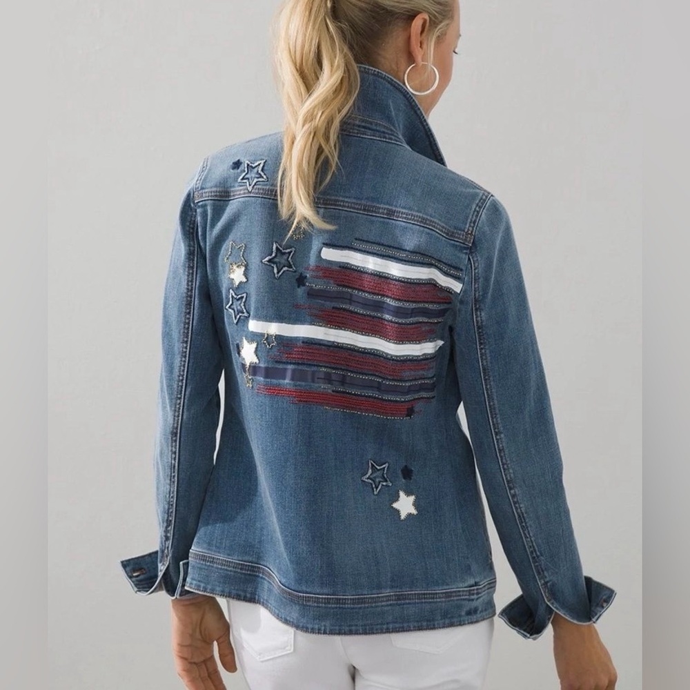 CHICO'S Medium Blue Denim Jacket with flag embroidery size S - Picture 2 of 15